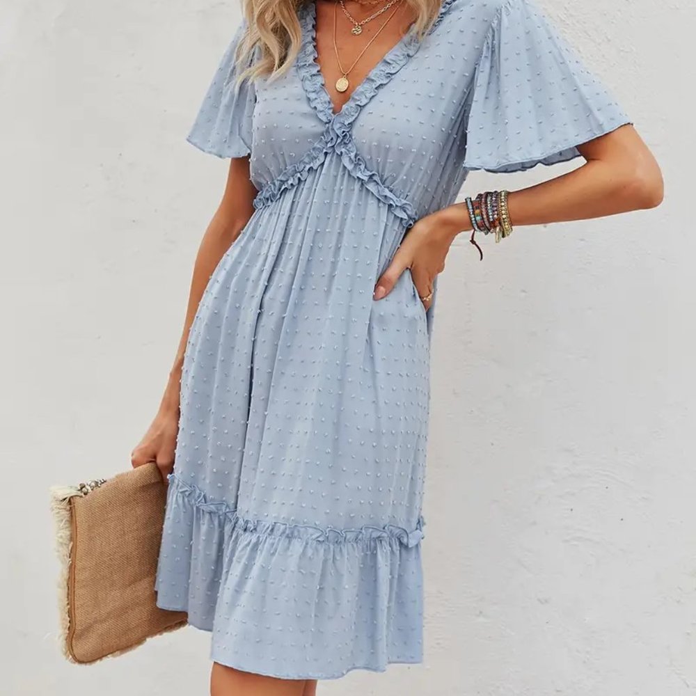 Solid V Neck Short Sleeve Ruffled Hem Dress
